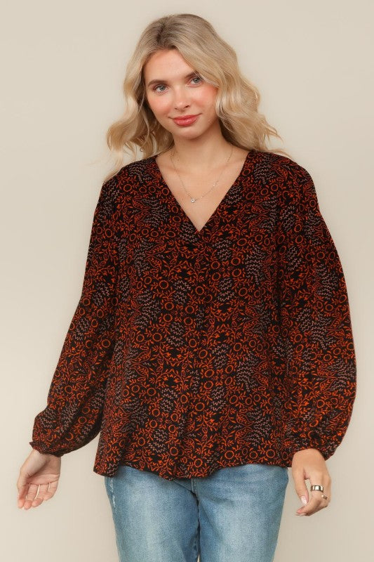 Haptics Mixed Leaf & Zig-Zag Print V-Neck Blouse – Black/Orange