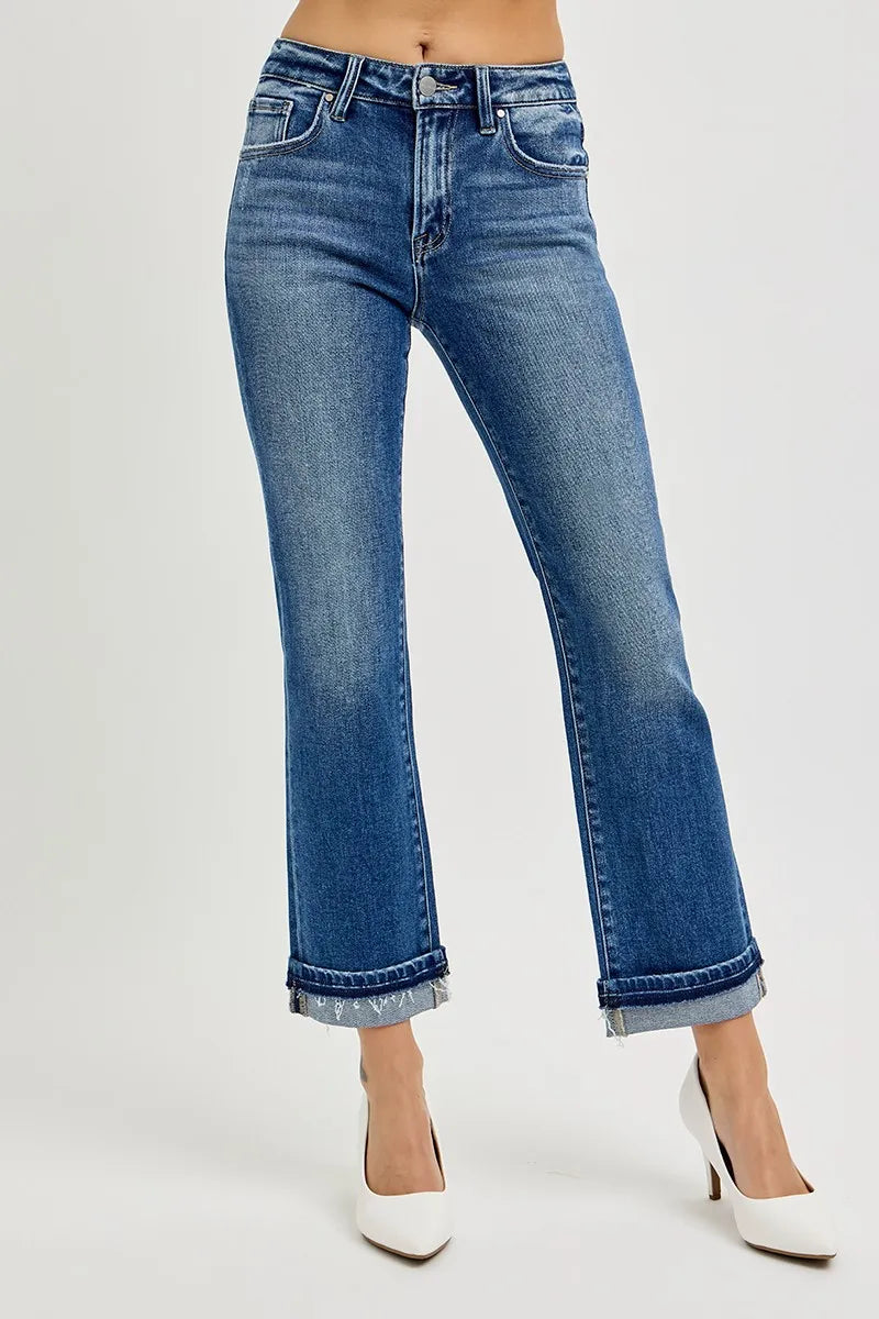 RISEN Dark Washed Mid Rise Ankle Straight Cuffed Jeans