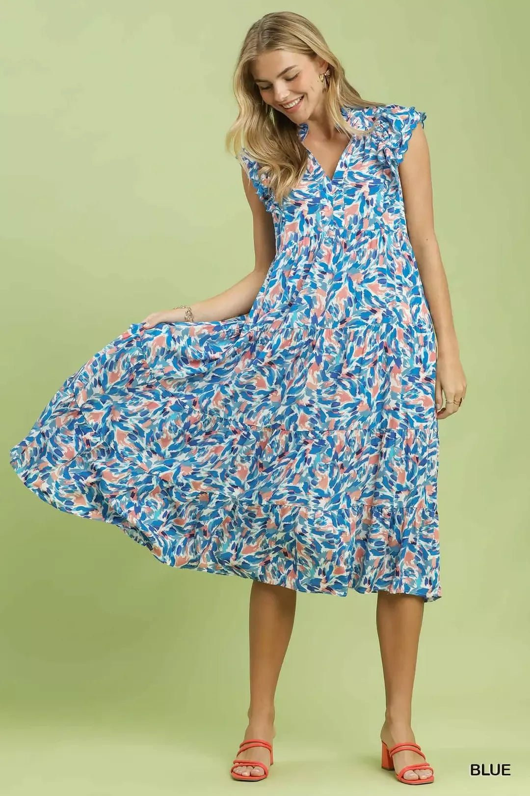Umgee Blue Leaf Print Midi Tiered Dress with Side Pockets