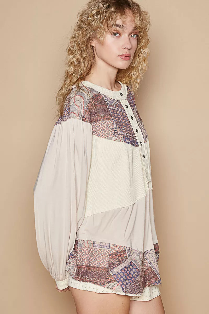 POL Oatmeal Half Button Balloon Sleeve Top with Printed Knit Contrast