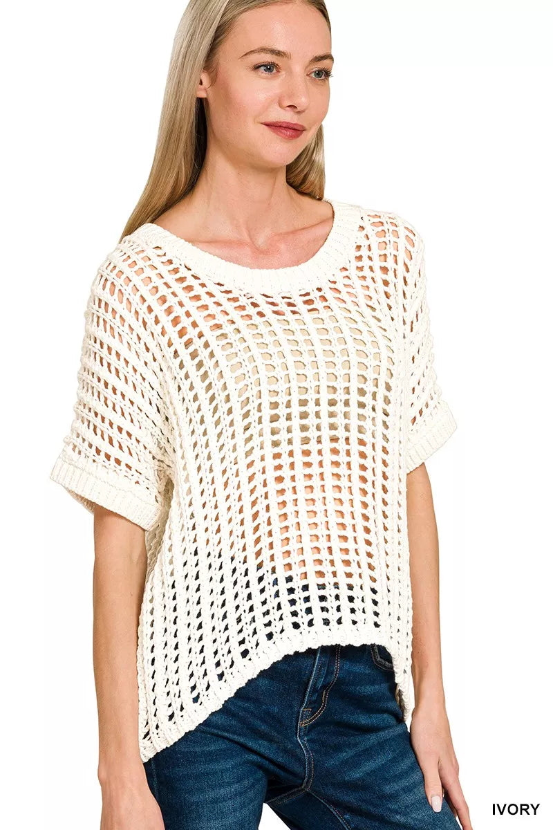 Zenana Fish Net Short Sleeve Crochet Knit Cover Up- Ivory