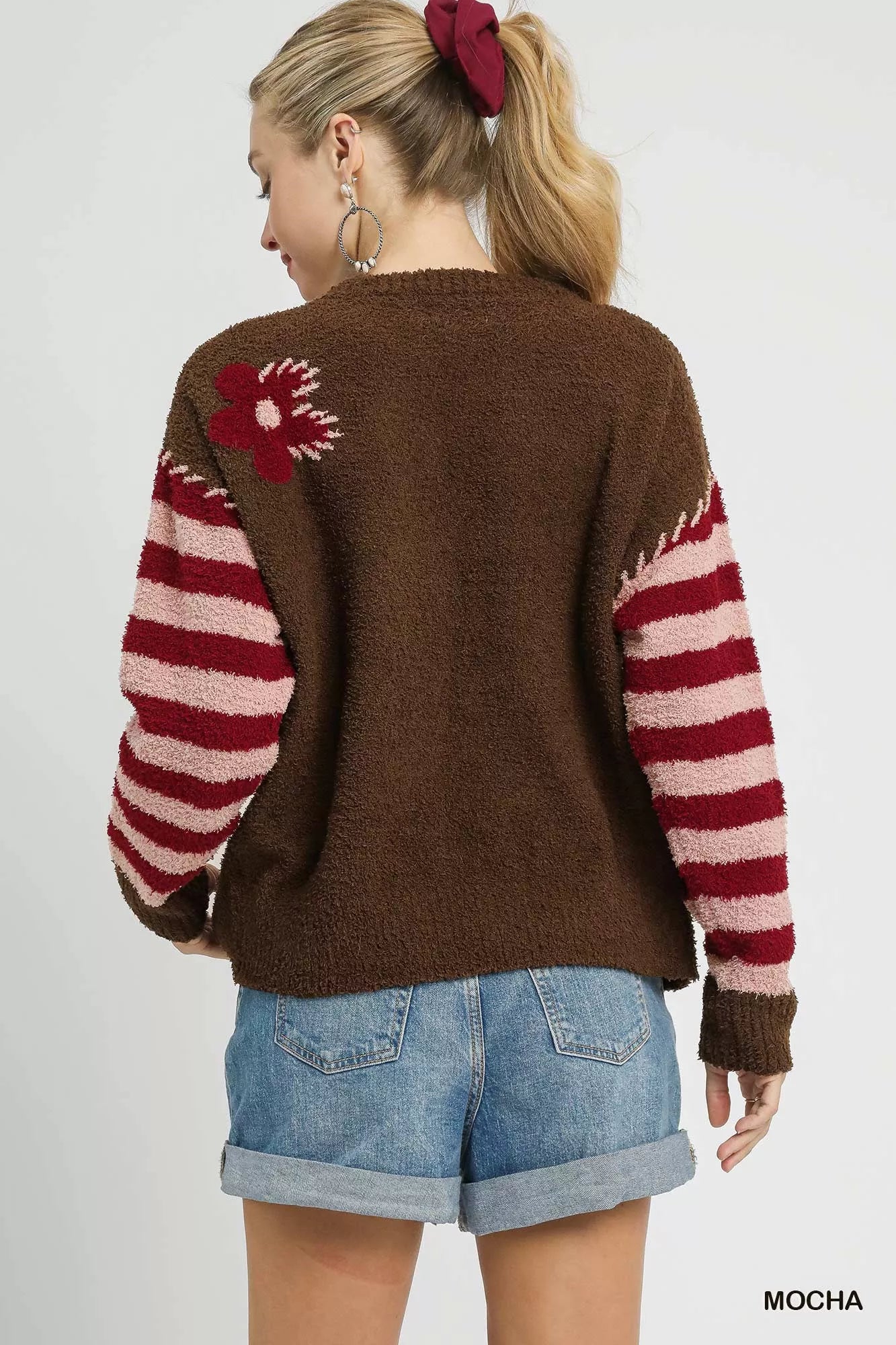 Umgee Mocha Flower Jacquard Striped Long Sleeve Sweater