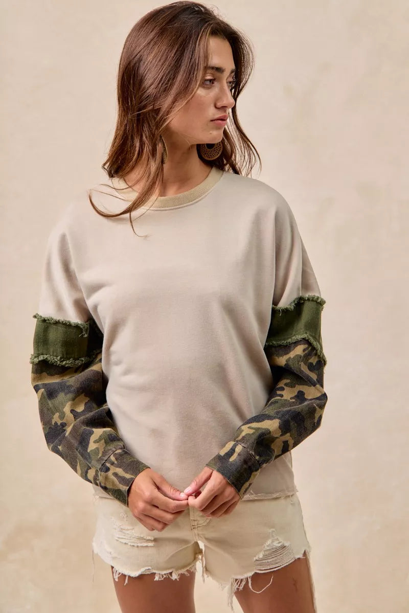 BiBi Taupe & Olive Camo Sleeve French Terry Top with Frayed Edge