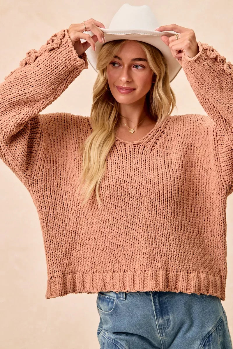 BiBi Dusty Peach Chunky Knit Sweater with Flower Detail Sleeves