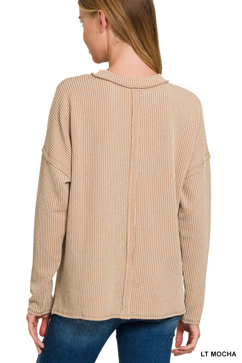 Zenana Light Mocha Long Sleeve Drop Shoulder Rib Top