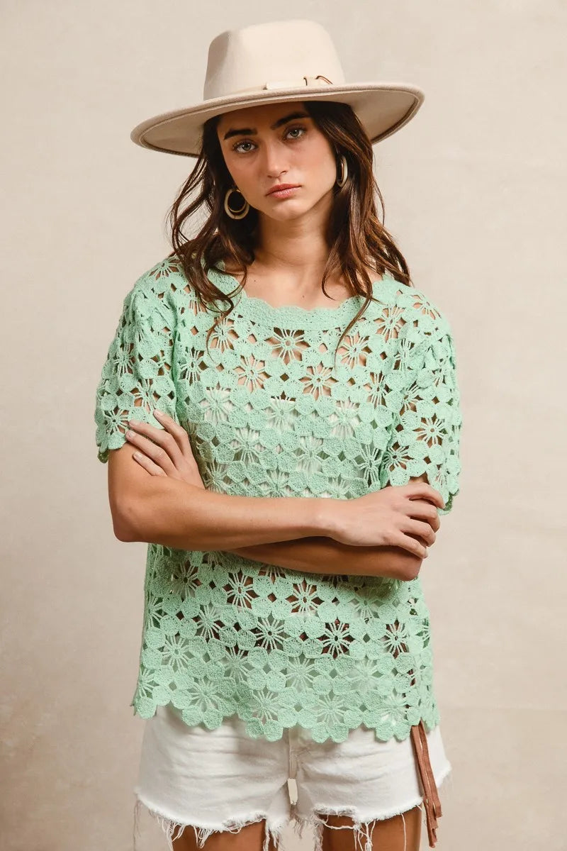BiBi Light Green Openwork Crochet Short Sleeve Knit Top