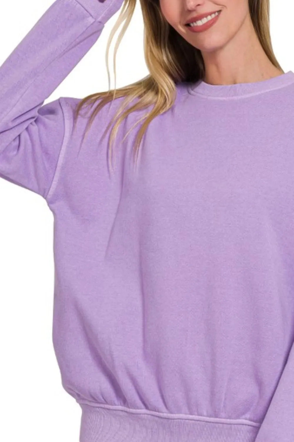 Zenana Lavender French Terry Pigment Dye Round-neck Sweatshirt