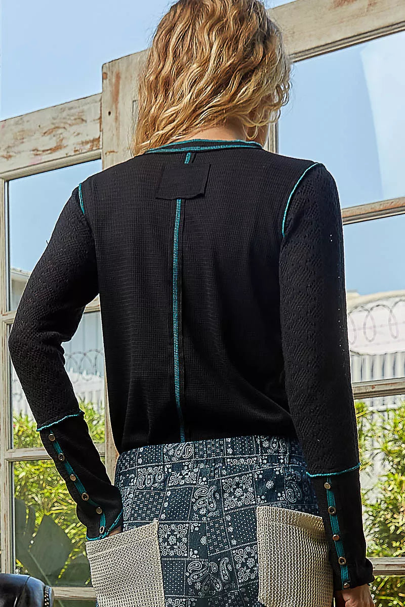 POL Black Long Sleeve Top with Contrasting Stitching