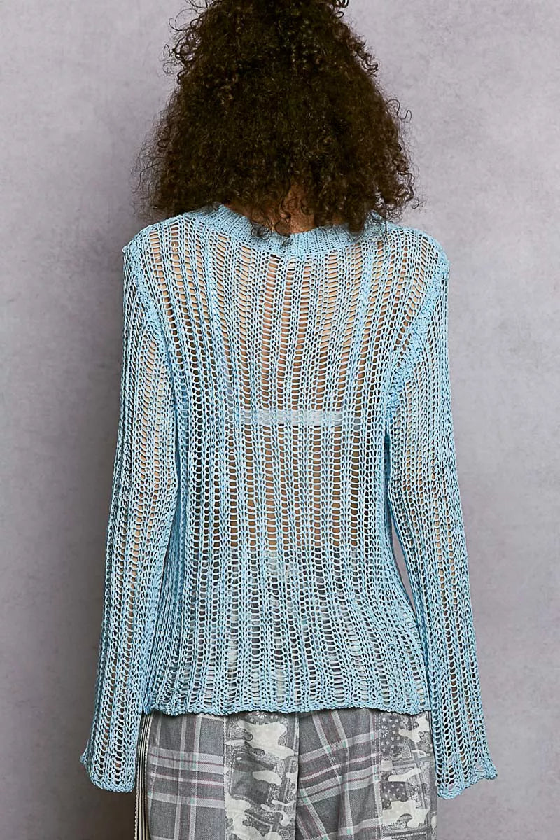 POL Powder Blue Openwork Round Neck Knit Cover Up