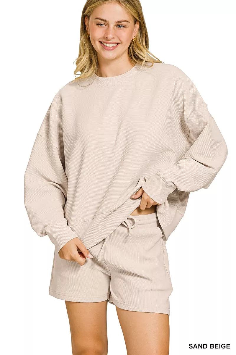 Zenana Sand Beige Ribbed Round Neck Pullover and Shorts Set