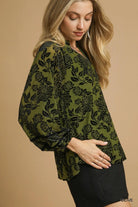 Umgee Olive Floral Velvet Burnout Blouse with Balloon Sleeves