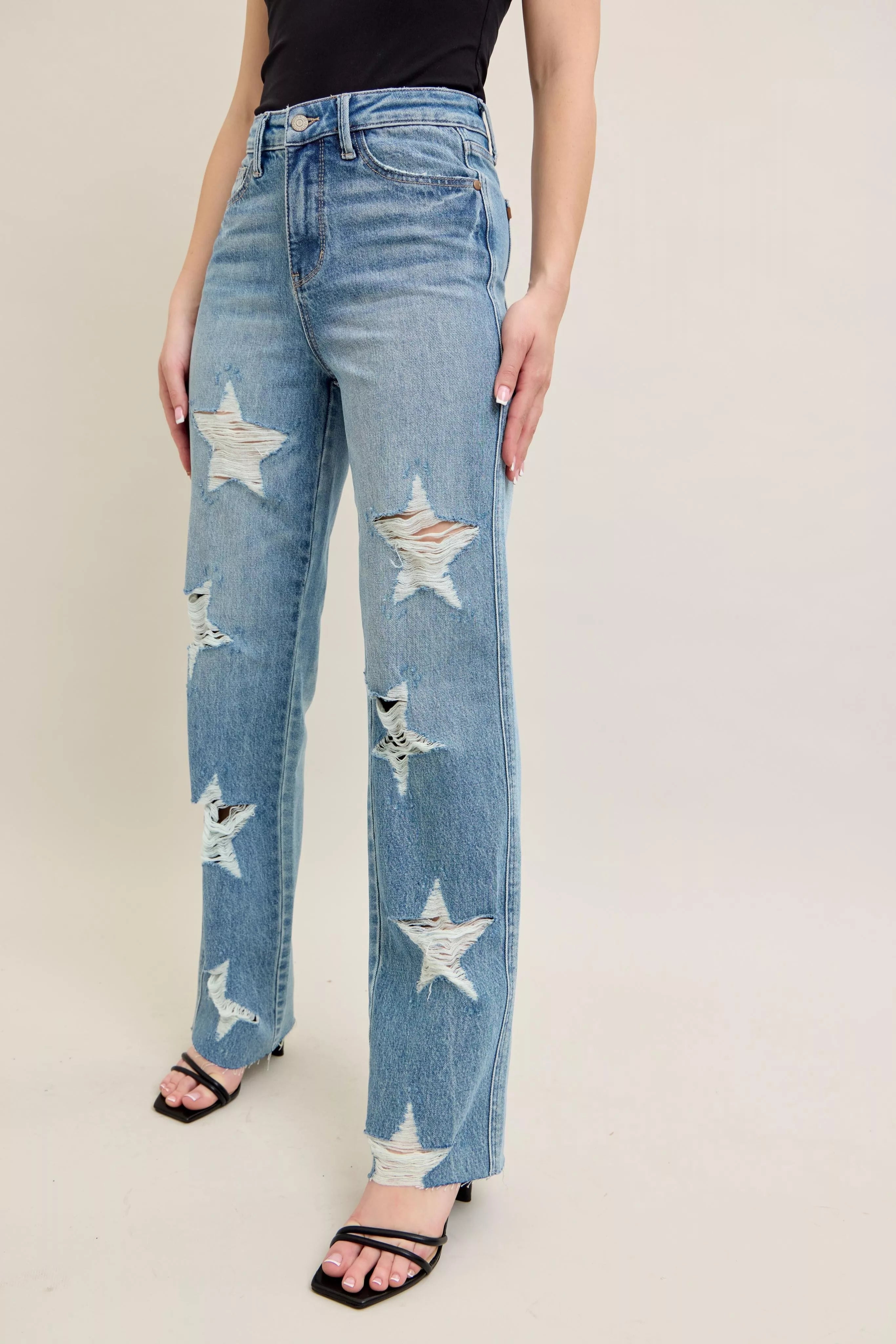 Judy Blue High Waist Rigid Magic Star Shaped Destroyed 90's Straight Jeans