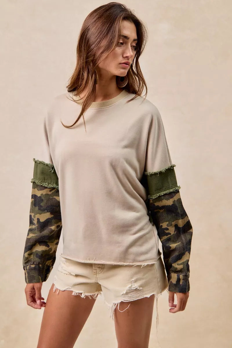 BiBi Taupe & Olive Camo Sleeve French Terry Top with Frayed Edge