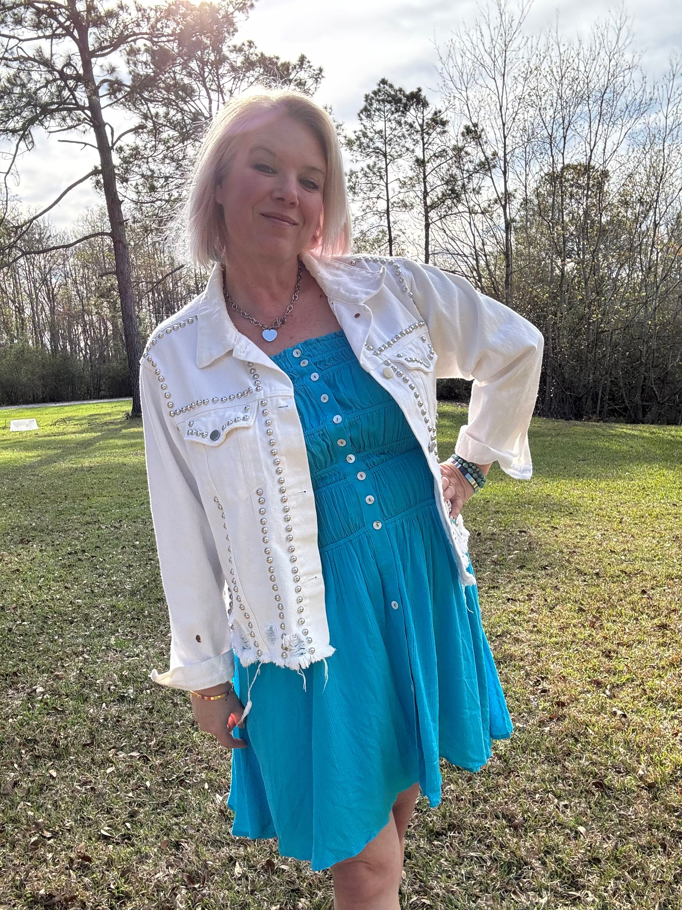 Davi & Dani Azure Smocking Bodice Sleeveless Button Down Mini Dress