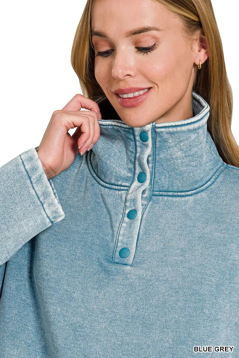 Zenana Blue Grey Fleece Washed High Neck Kangaroo Pocket Sweatshirt