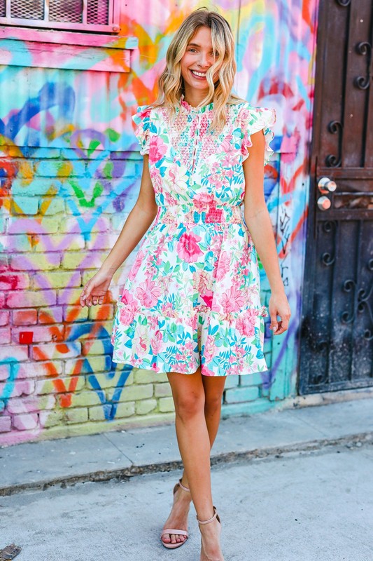 Haptics Floral Smocked Flutter Sleeve Ruffle Mini Dress