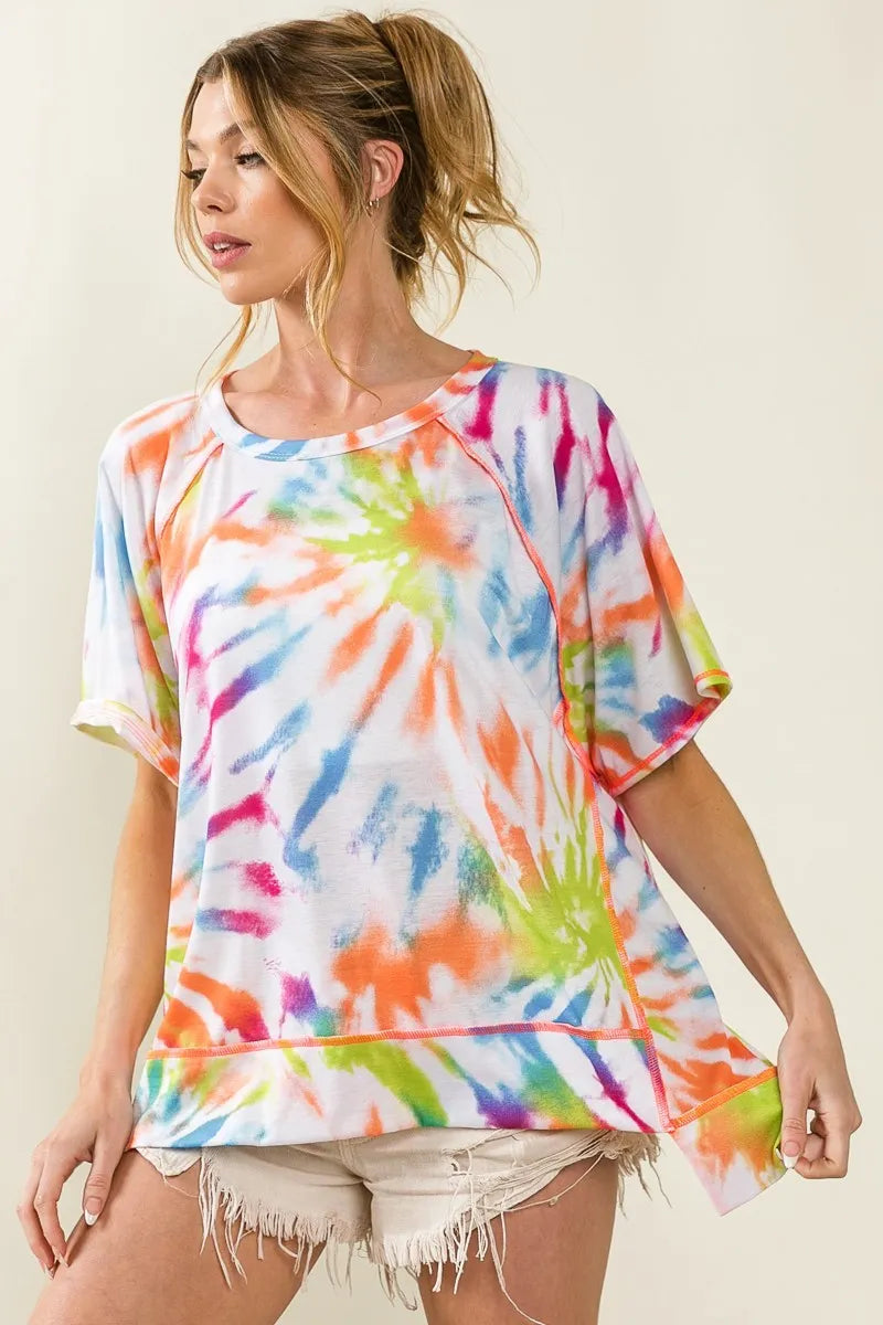 BiBi Tie Dye Print Jersey Stitched Uneven Hem Top OFF WHITE MULTI