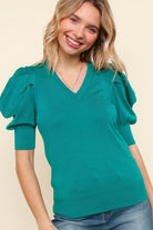 Haptics Solid Emerald Shirred Puff Sleeve Knitted Sweater Top