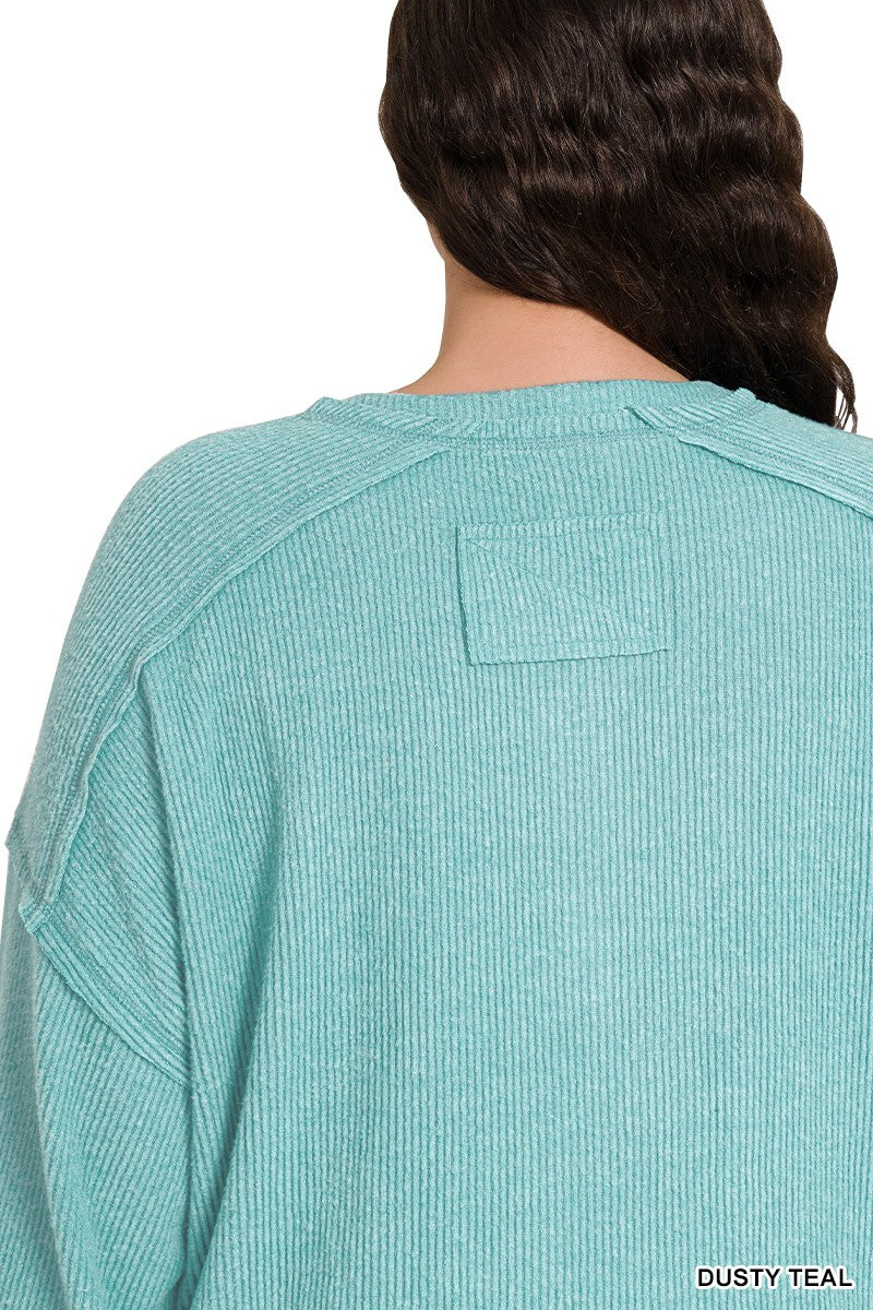 Zenana Black Ribbed Brushed Hacci Melange Henley Sweater