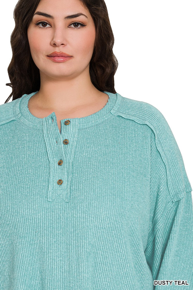 Zenana Black Ribbed Brushed Hacci Melange Henley Sweater