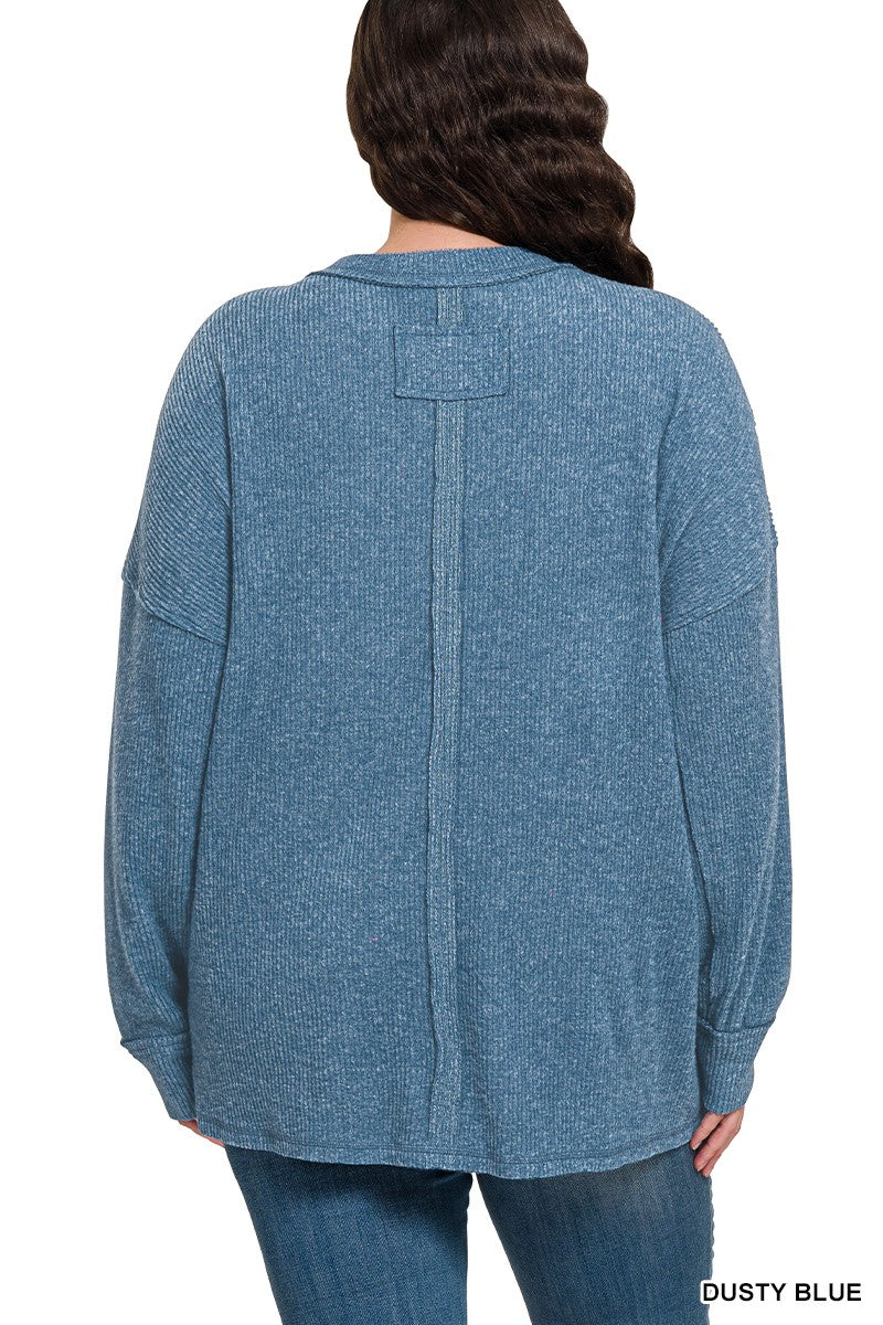 Zenana Black Brushed Ribbed Hacci Drop Shoulder Sweater