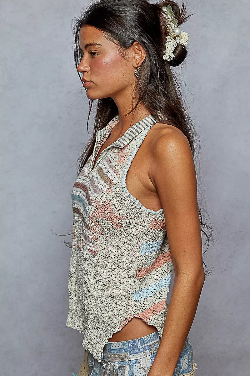 POL Natual Striped Collar Sweater Vest with Star Patch