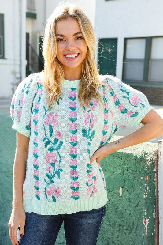 Haptics Mint Jacquard Floral Bubble Sleeve Sweater Top