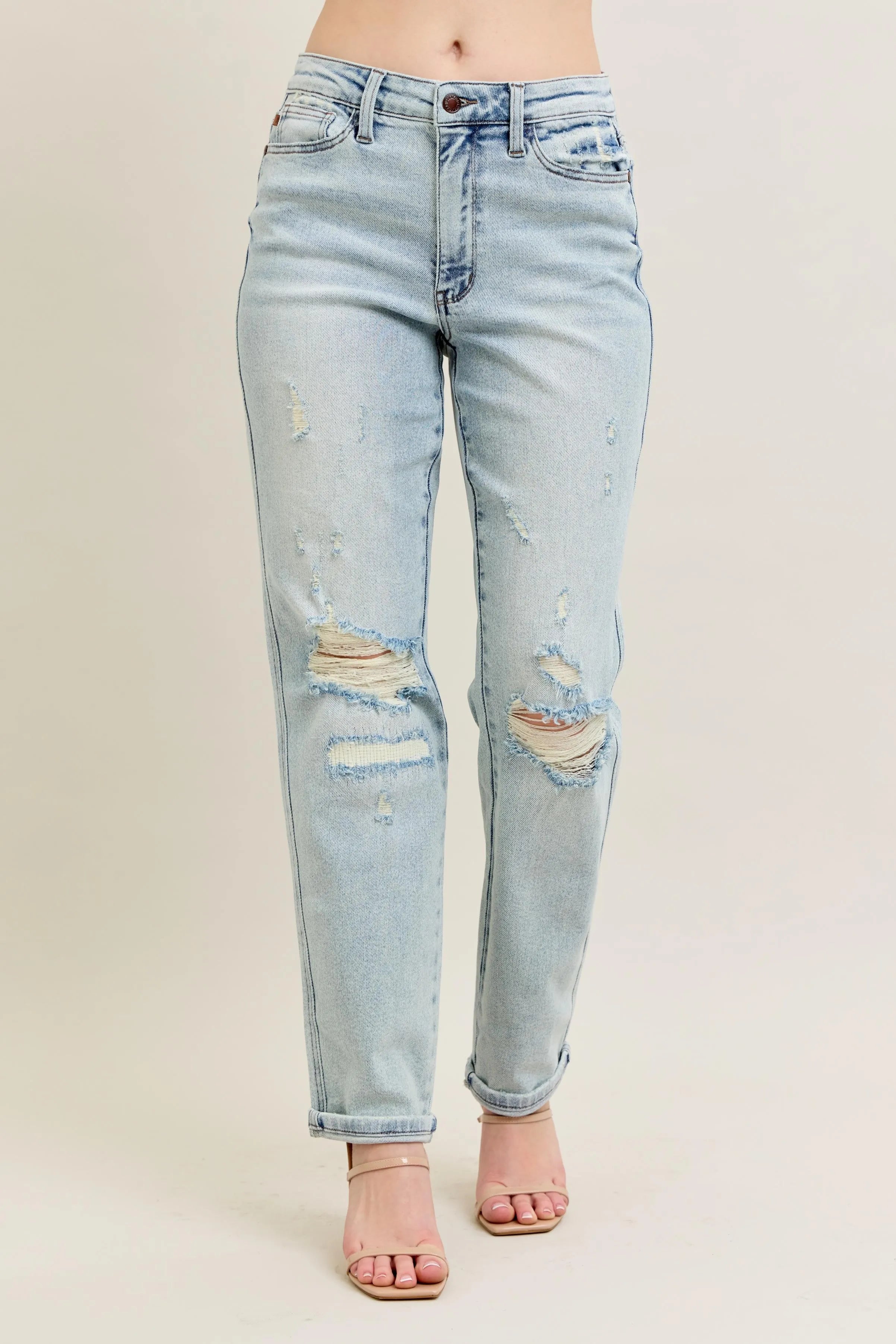 Judy Blue Midrise Repair Stitch Detail Destroy Single Cuff Boyfriend Jeans
