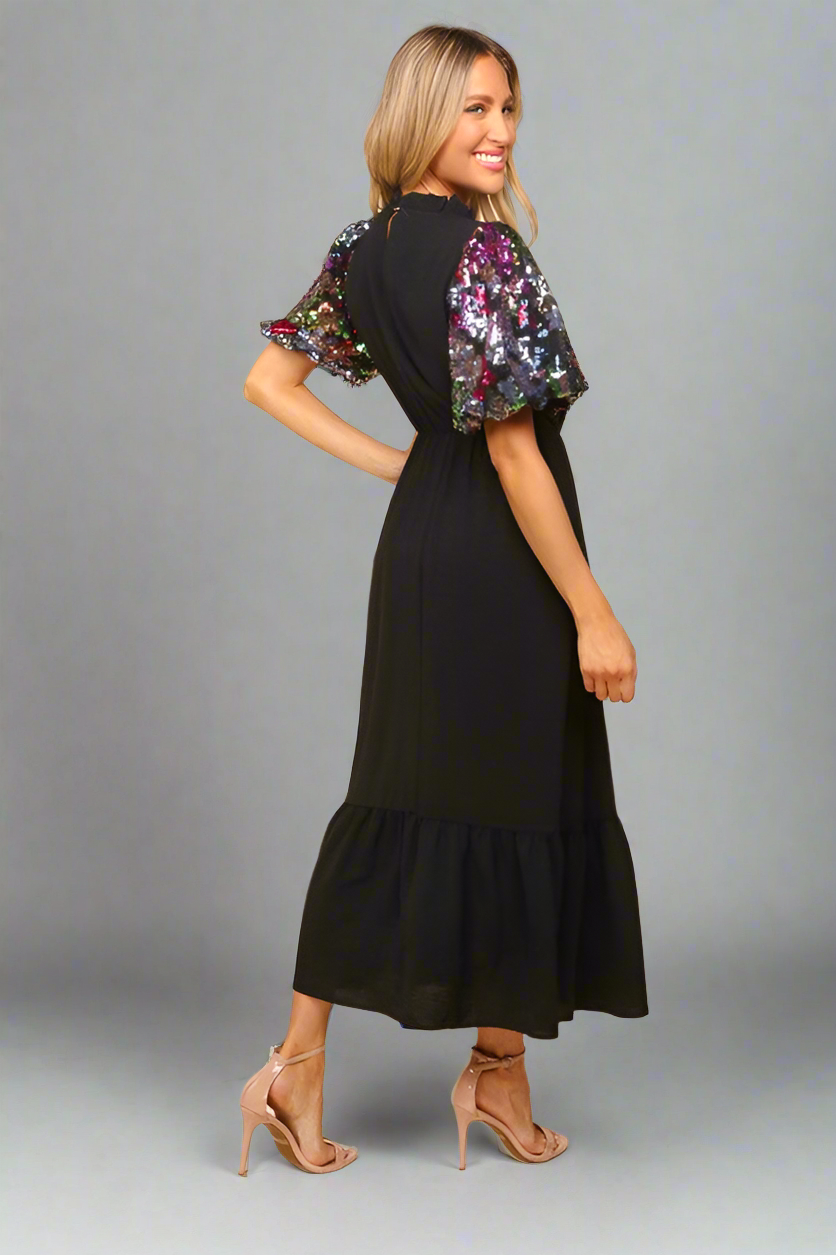 Haptics Black Floral Sequin Puff Sleeve Mock Neck Tiered Maxi Dress Dresses
