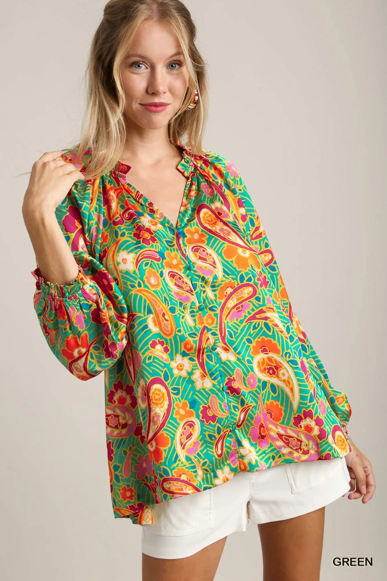 Umgee Green Satin Paisley Floral Ruffle Neck Button-Up Blouse Green