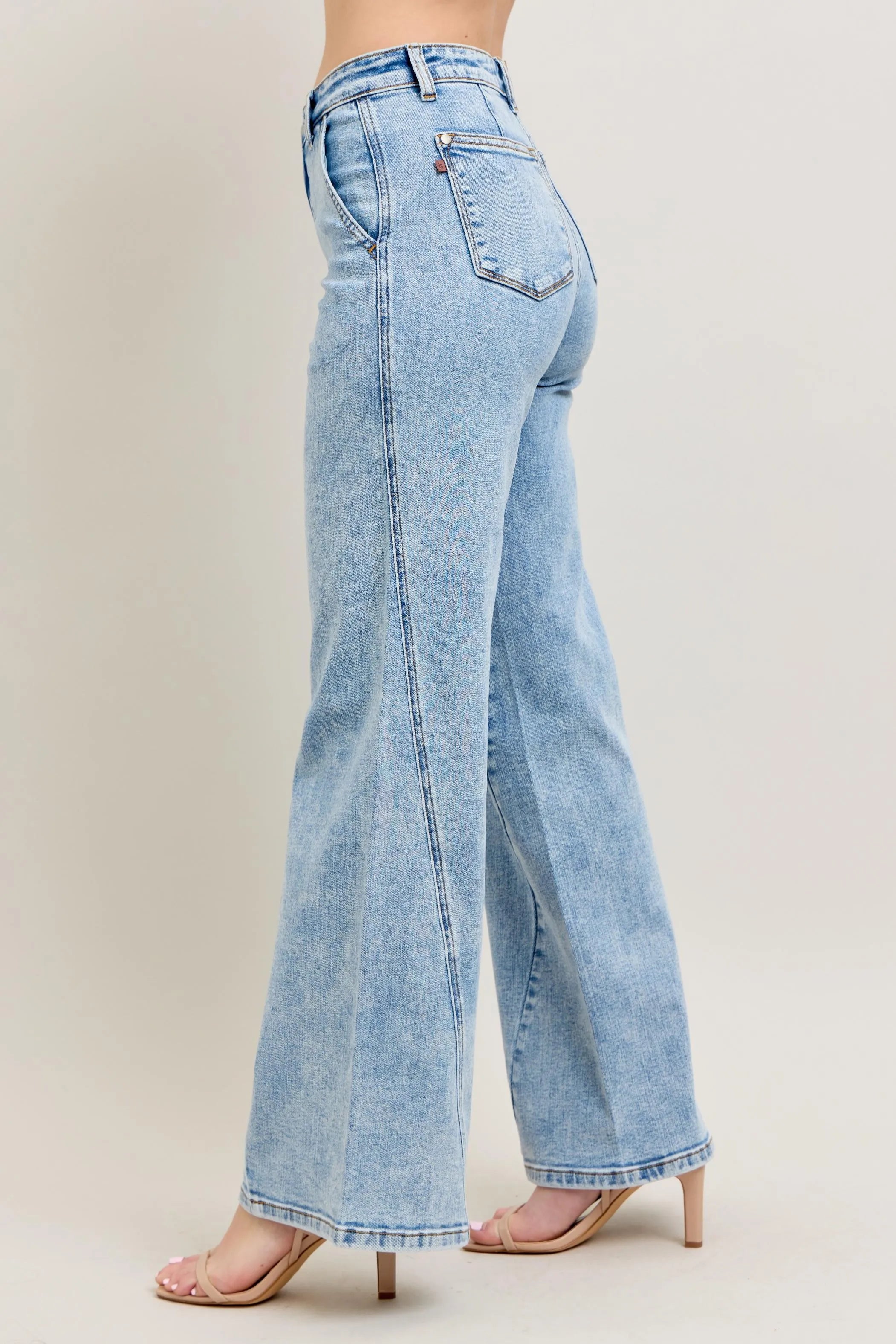 Judy Blue Light Washed High Waist Wide Leg Jeans with Skewed Inseam