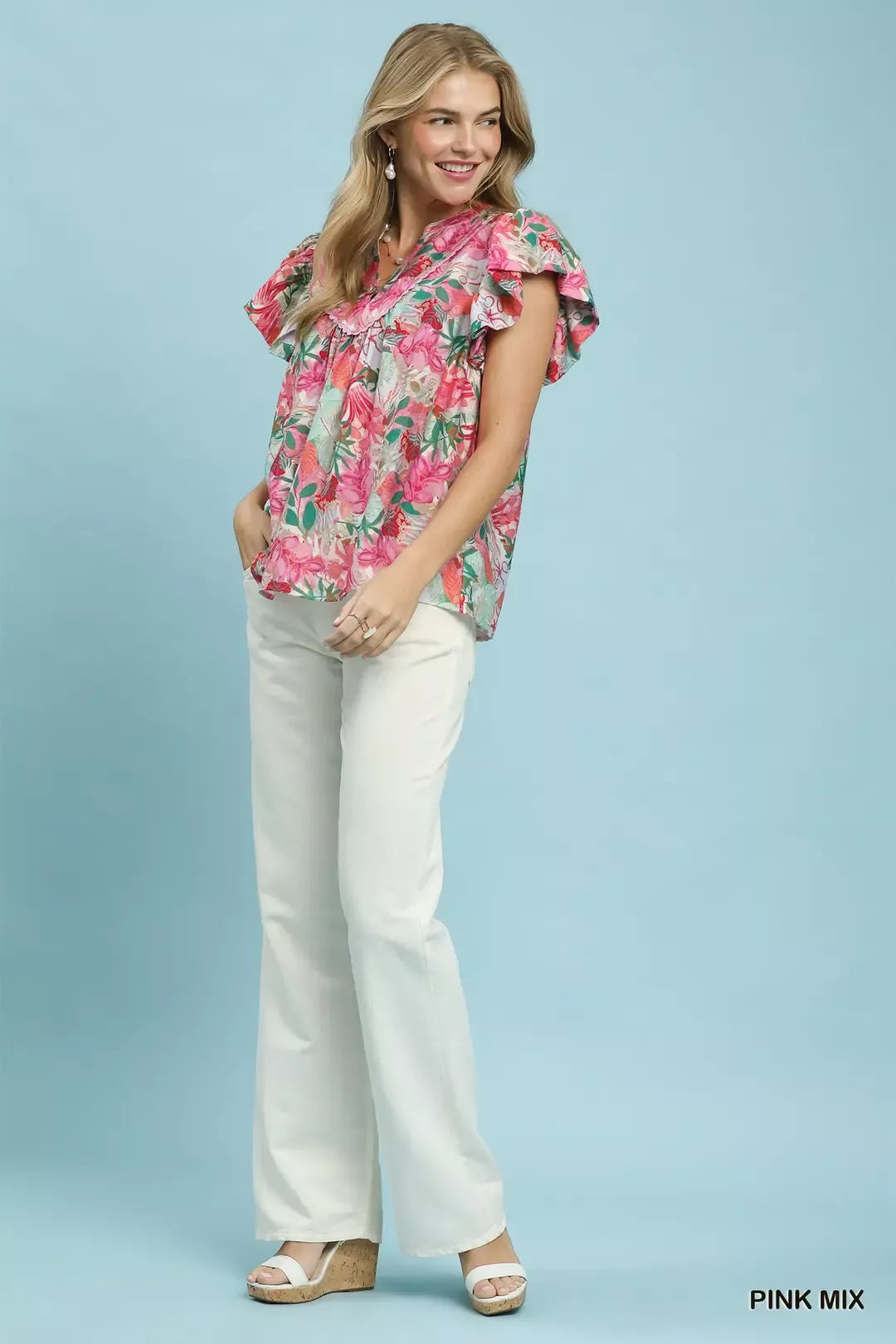 Umgee Pink Mix Tropical Print Blouse with Ruffle Cap Sleeves