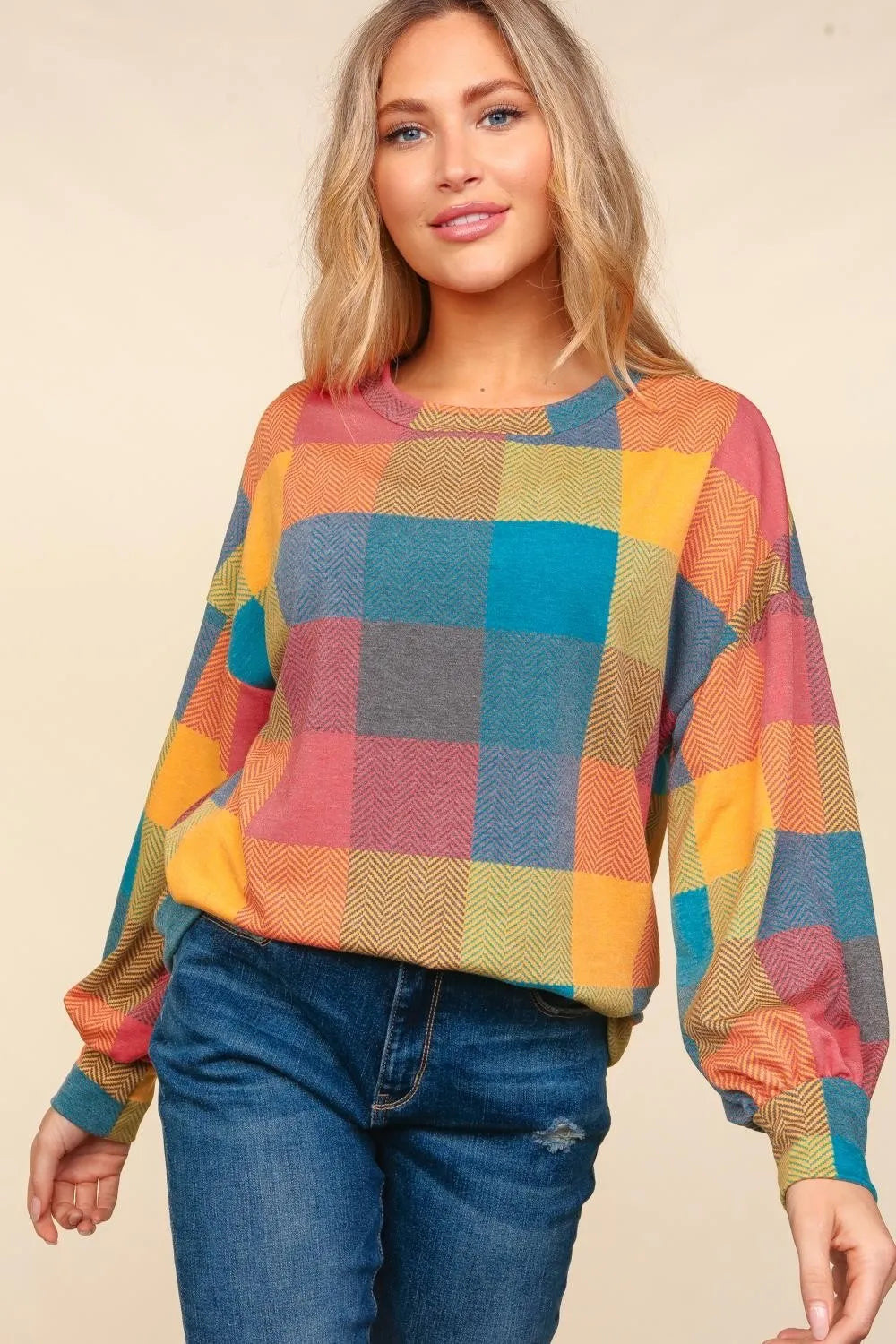 Haptics Round Neck Color Block Plaid Top Multi
