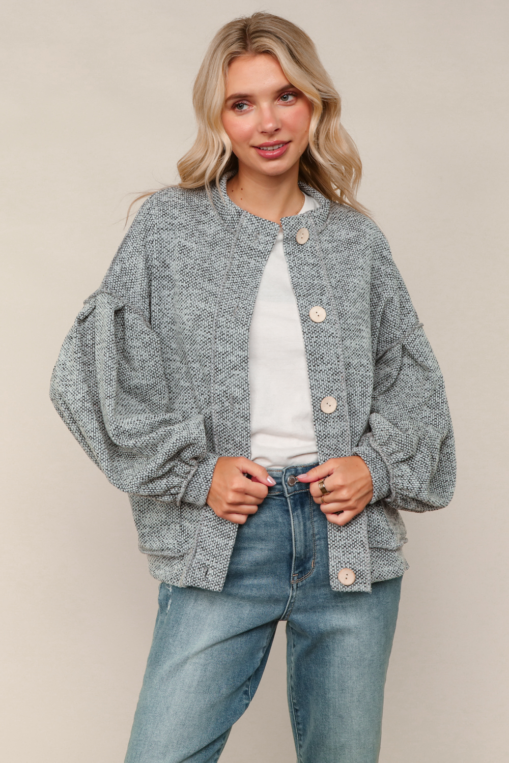 Haptics Heather Gray Two-Tone Jacquard Hacci Knit Button Down
