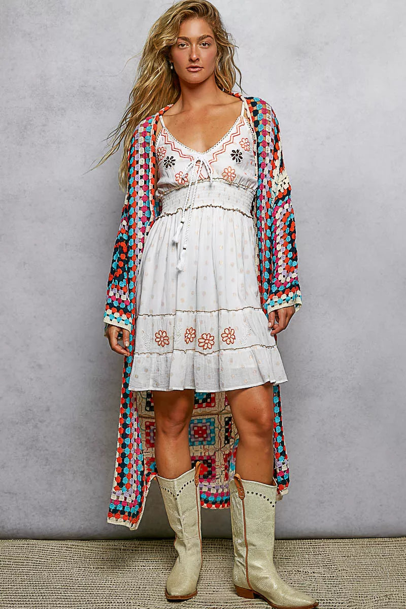 POL Multi-Color Granny Square Crochet Open Front Cardigan BEIGE MULTI One Size