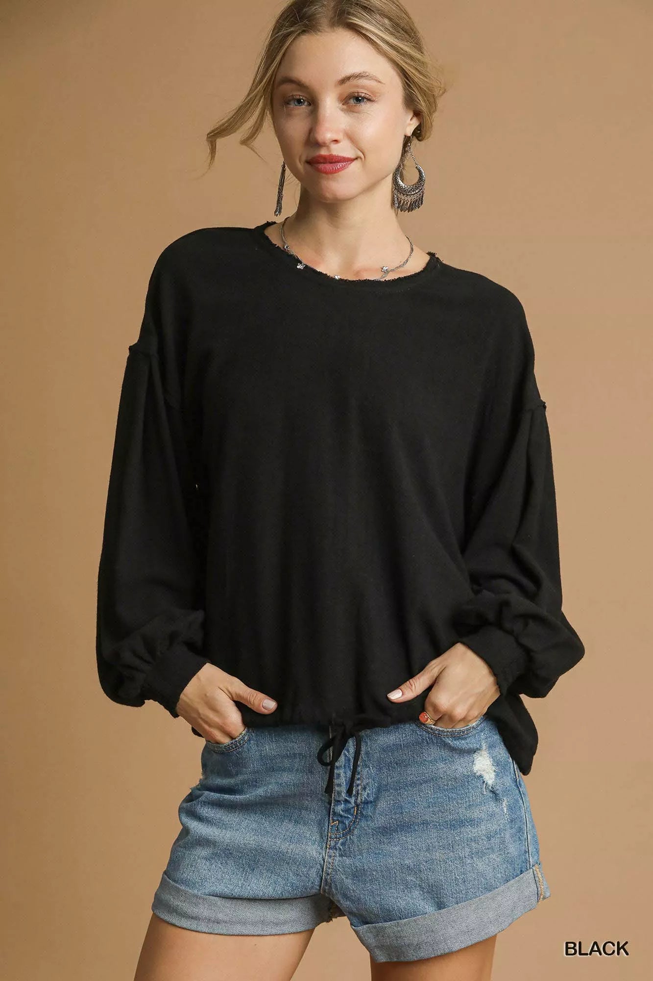 Umgee Black Linen Long Sleeve Top with Drawstring Black
