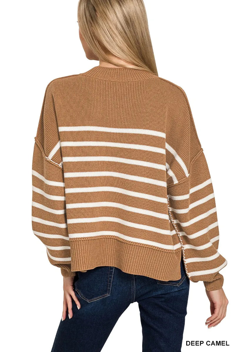 Zenana Deep Camel Exposed Seam Striped Oversized Sweater