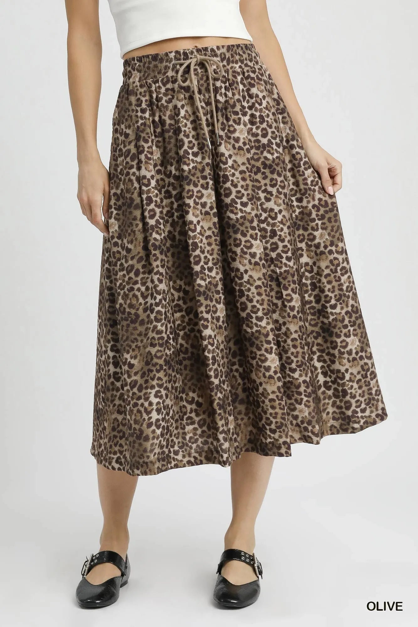 Umgee Olive Drawstring Leopard Midi Skirt OLIVE