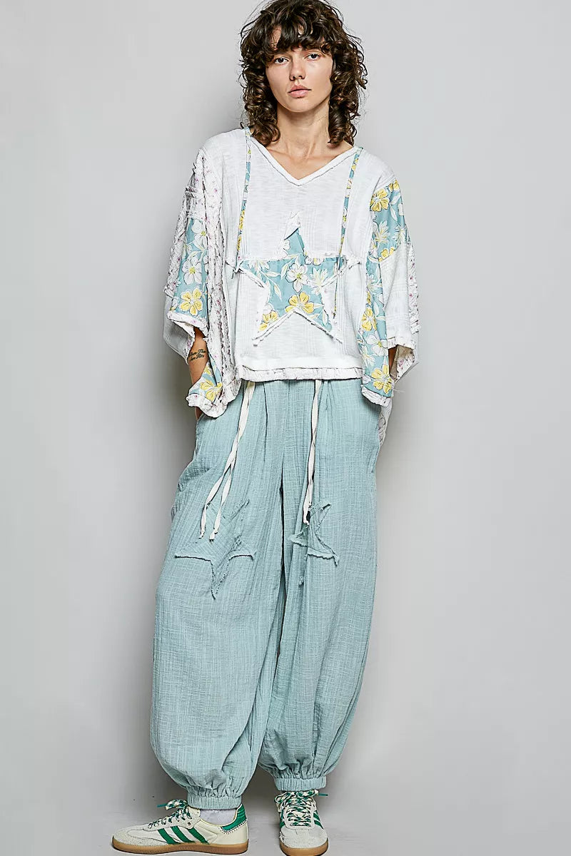 POL Off White Floral Star Patch Hooded Blouse with Lace Contrast Detail