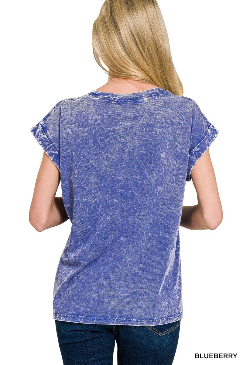 Zenana Orange Crinkle Washed Round Neck Folded Short Sleeve Tee