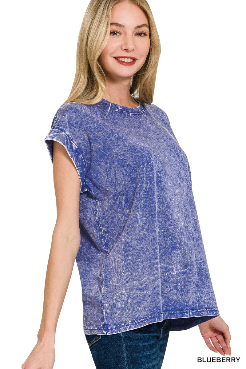 Zenana Orange Crinkle Washed Round Neck Folded Short Sleeve Tee