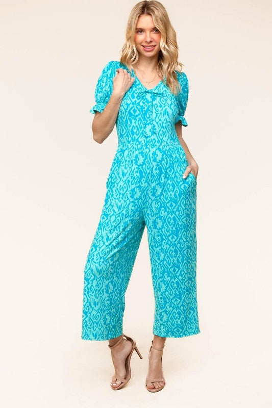 Haptics PLUS Spring Vibes Aqua Ikat Print Ruffle Sleeve Wide Leg Jumpsuit