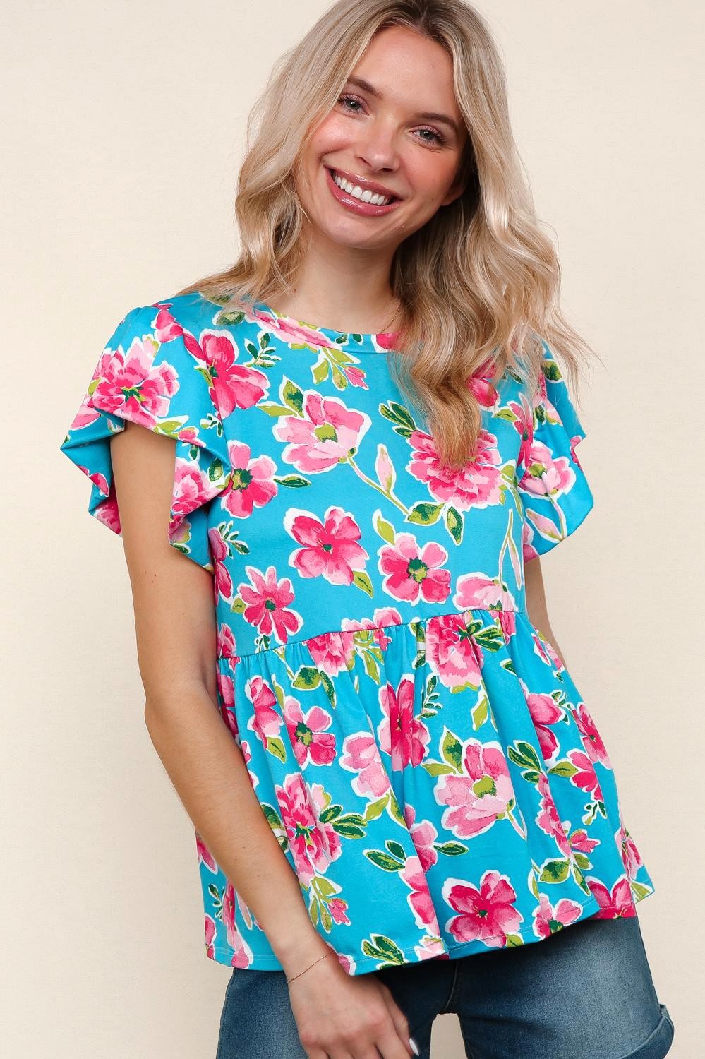 Haptics Aqua Floral Butter Smooth Knit Top with Ruffle Sleeves