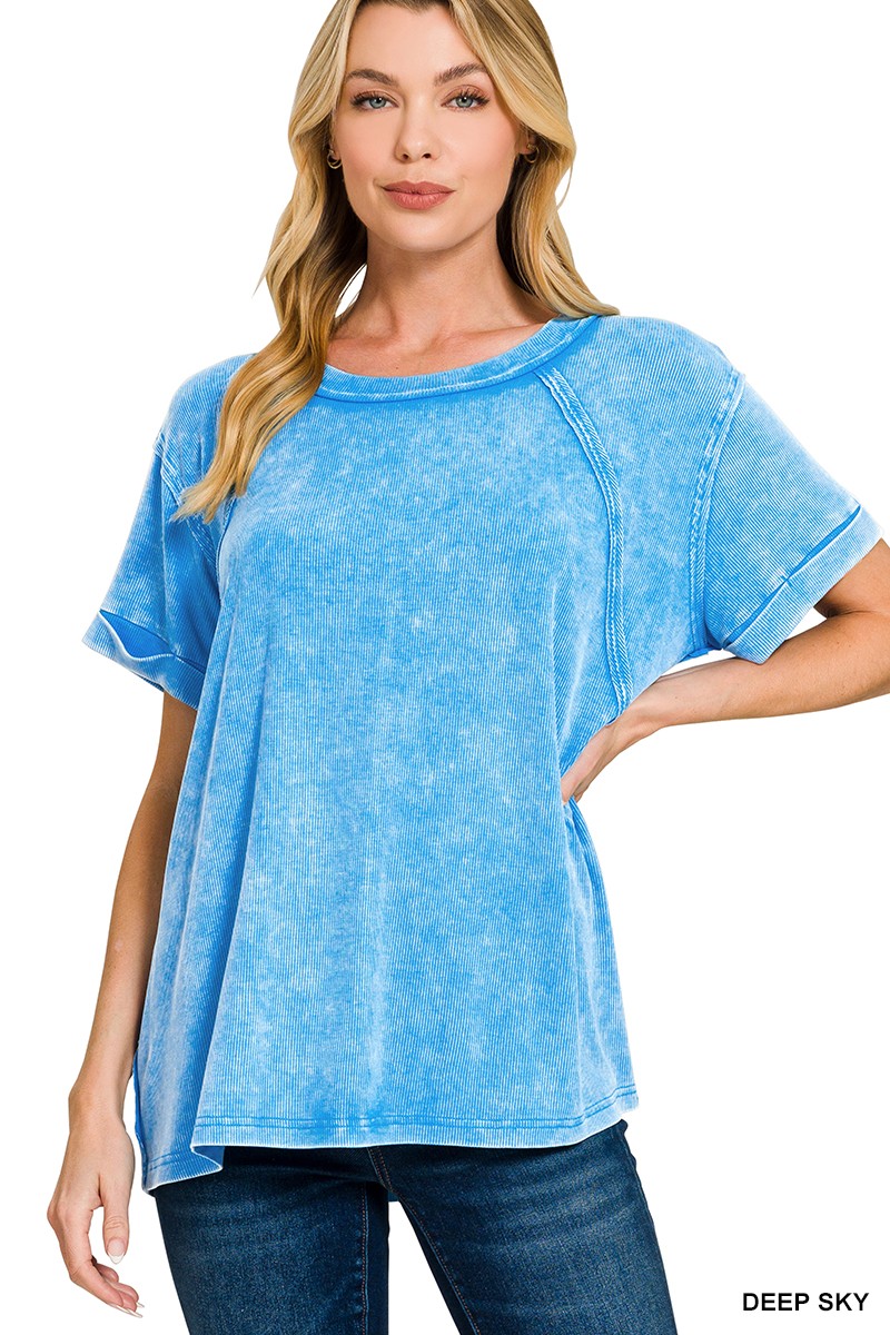 Zenana Deep Sky Washed Ribbed Cuffed Short Sleeve Round Neck Top DEEP SKY