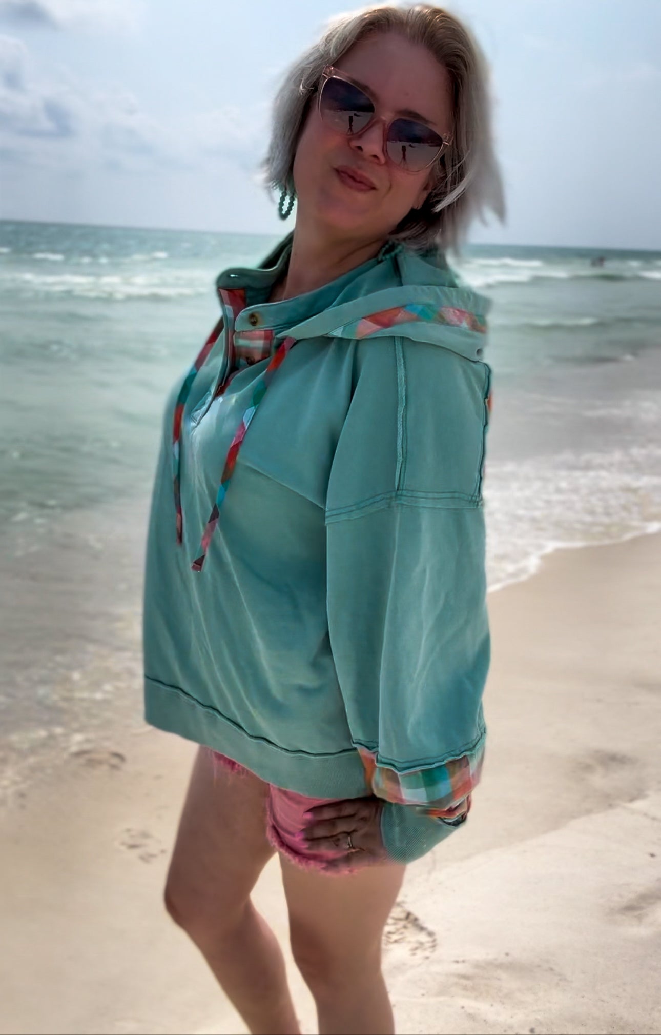 SAGE + FIG Eucalyptus Plaid Print Washed Hoodie Shirts & Tops