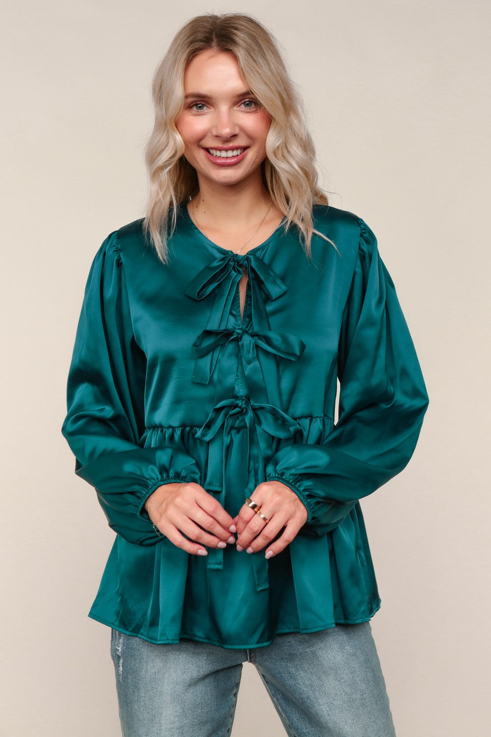 Haptics Babydoll Teal With Front Ribbon Bow Tie Blouse