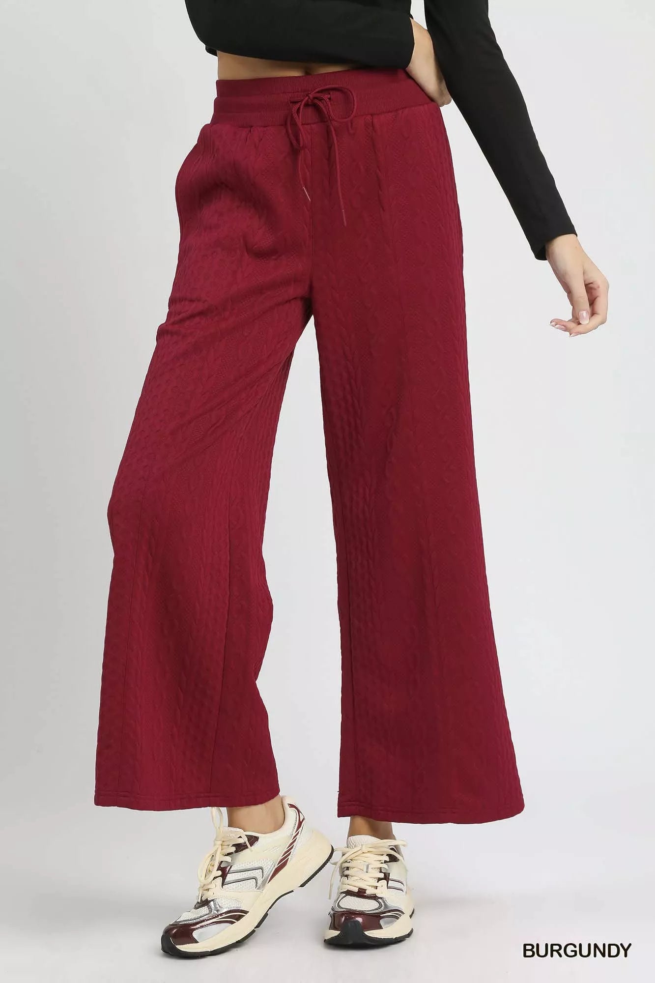 Umgee Burgundy Cable Knit Textured Wide Leg Pants BURGUNDY