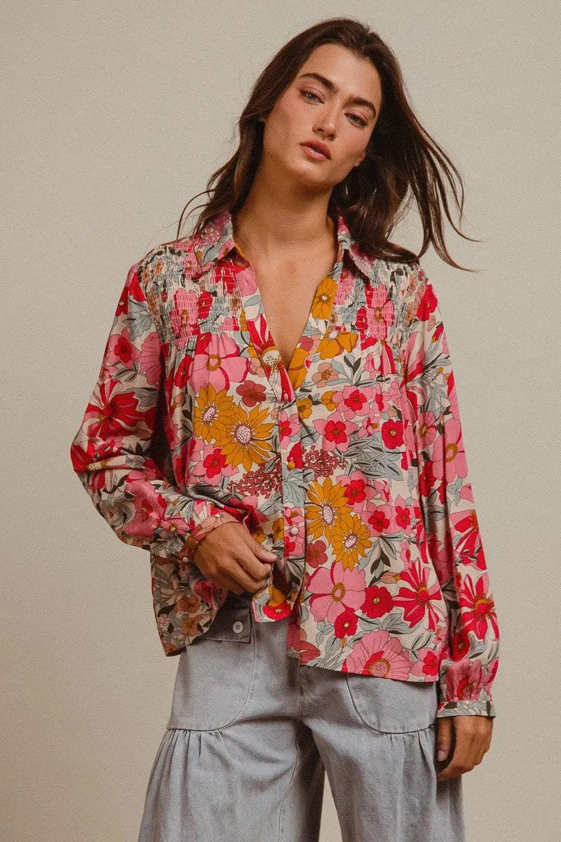 BiBi Woven Floral Printed Long Sleeve Blouse