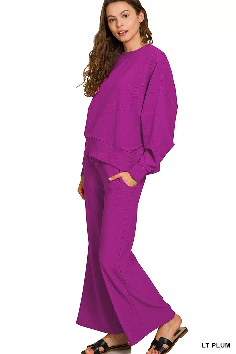 Zenana Light Plum Ribbed Round Neck Pullover and Drawstring Pants Set