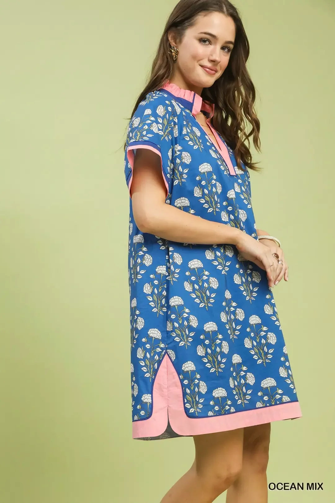 Umgee Ocean Mix Printed Split Neck Short Sleeve Shift Dress